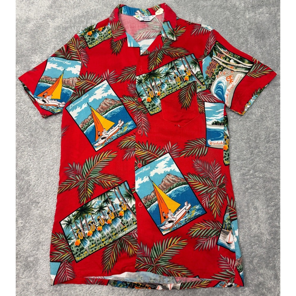 Vintage Hawaiian Shirt Mens M Red Multicolor Aloha Diamond Head Rayon Hawaii